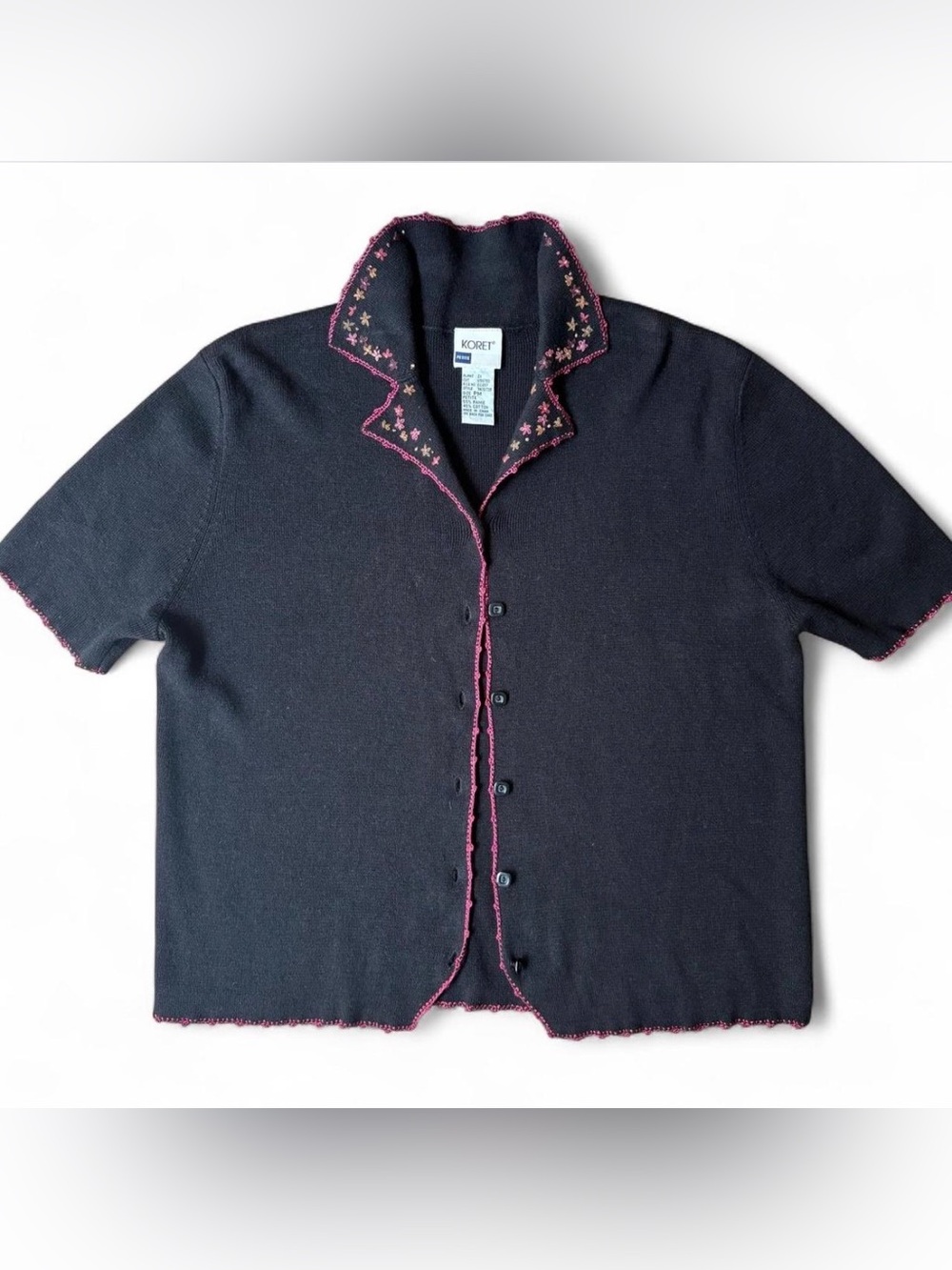 90s Koret Floral Embroidered Short Sleeve Knit Cardigan Vintage Size Petite M